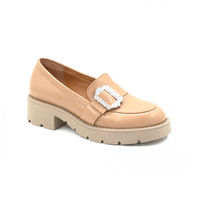 Pantofi dama casual loafers din piele naturala bej inchis cu varf rotund si talpa de 4 cm 52725-25 [2]