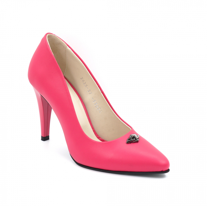 Pantofi dama din piele naturala fucsia cu varf ascutit stileto toc mediu subtire 7 cm 52824-24 [2]