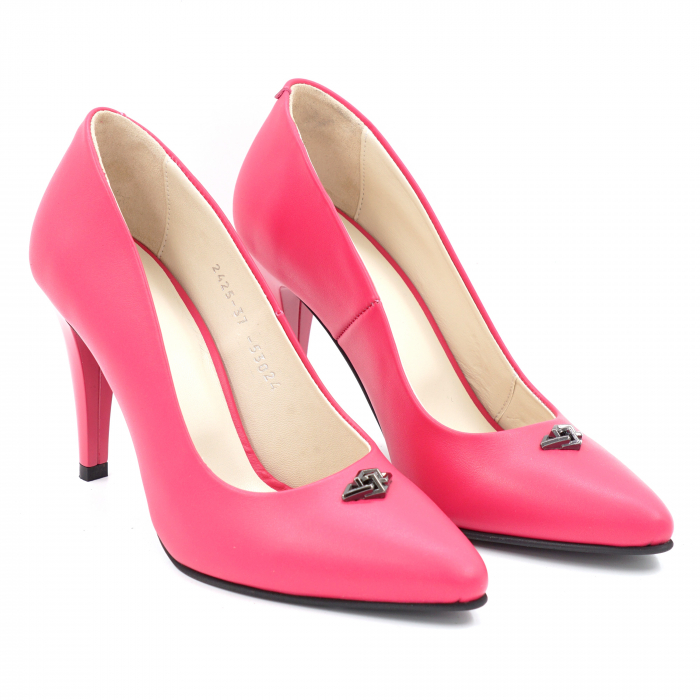 Pantofi dama din piele naturala fucsia cu varf ascutit stileto toc mediu subtire 7 cm 52824-24 [4]
