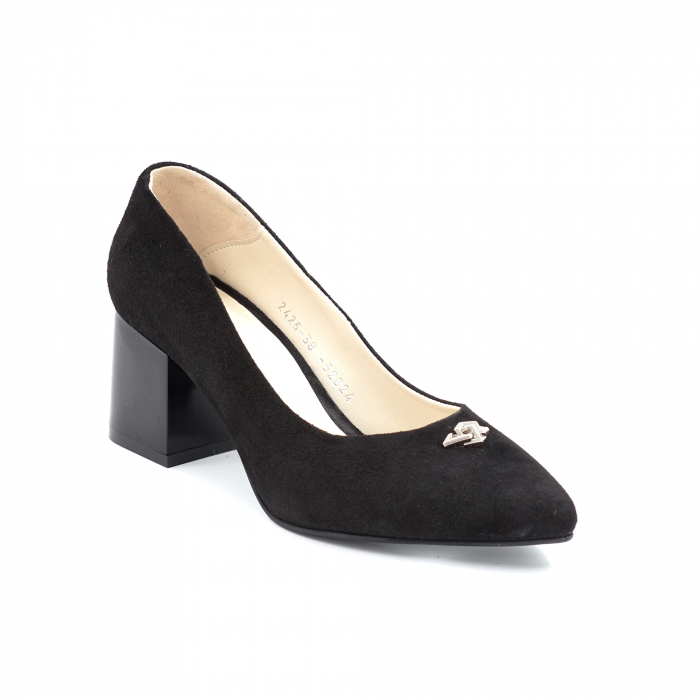 Pantofi dama din piele naturala intoarsa neagra cu varf ascutit stileto si toc mic gros 6 cm 52824-24 [2]