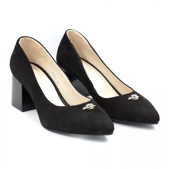 Pantofi dama din piele naturala intoarsa neagra cu varf ascutit stileto si toc mic gros 6 cm 52824-24 [4]