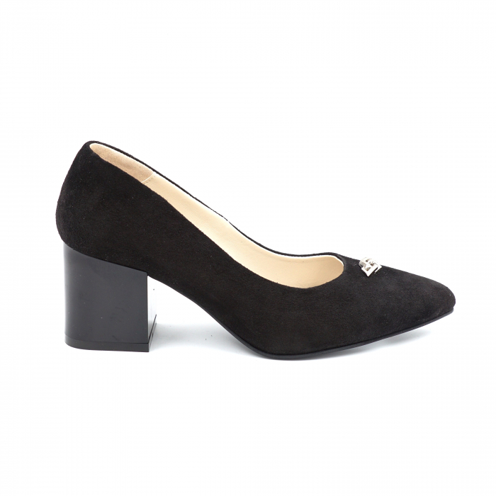 Pantofi dama din piele naturala intoarsa neagra cu varf ascutit stileto si toc mic gros 6 cm 52824-24 [3]