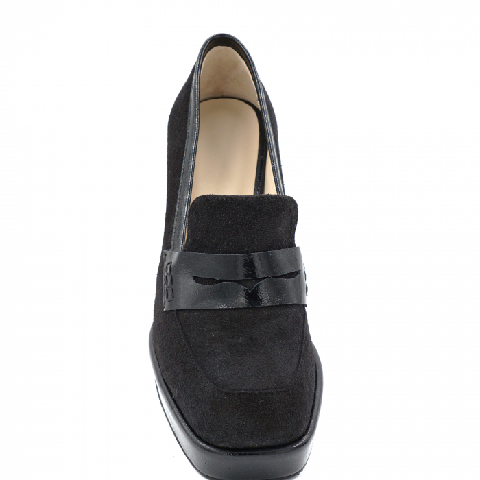 Pantofi dama din piele naturala intoarsa neagra si lacuita neagra cu varf patrat, platforma 2 cm si toc inalt gros imbracat 9 cm 52923-1-24 [6]