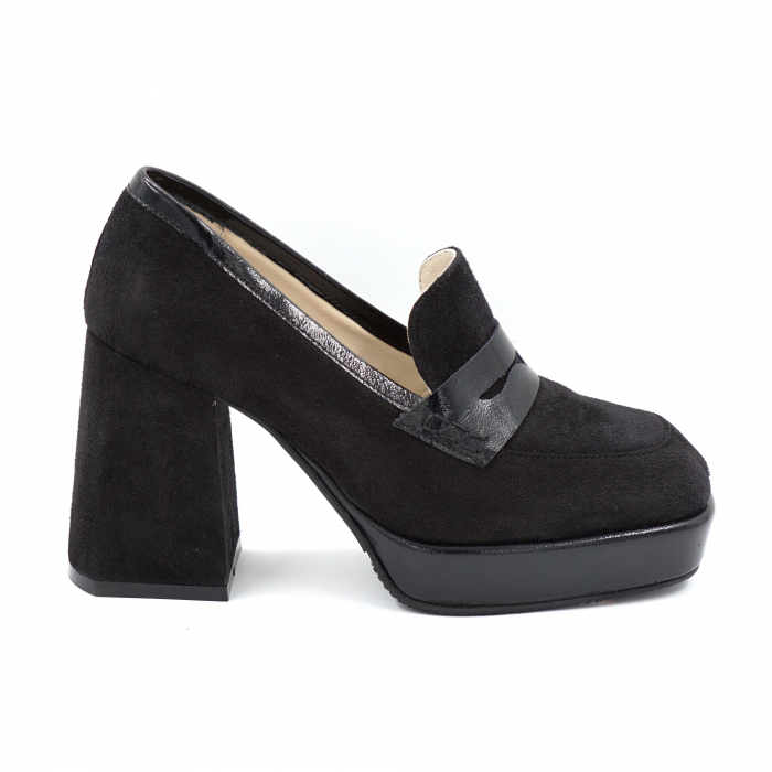 Pantofi dama din piele naturala intoarsa neagra si lacuita neagra cu varf patrat, platforma 2 cm si toc inalt gros imbracat 9 cm 52923-1-24 [1]