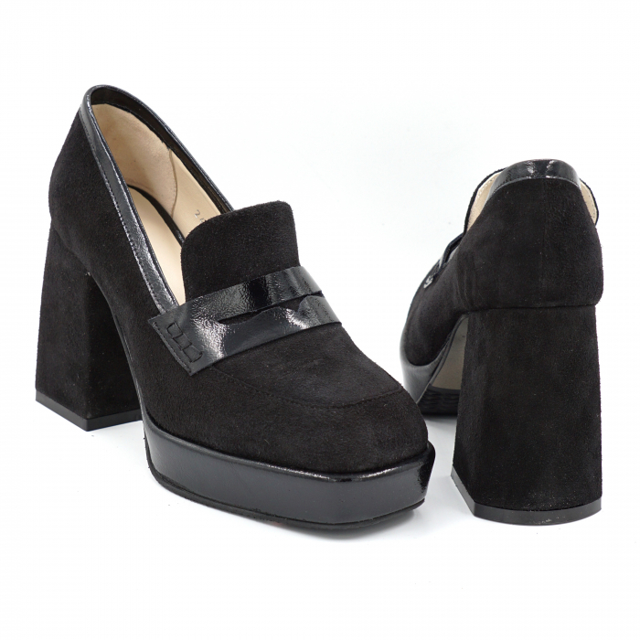Pantofi dama din piele naturala intoarsa neagra si lacuita neagra cu varf patrat, platforma 2 cm si toc inalt gros imbracat 9 cm 52923-1-24 [4]