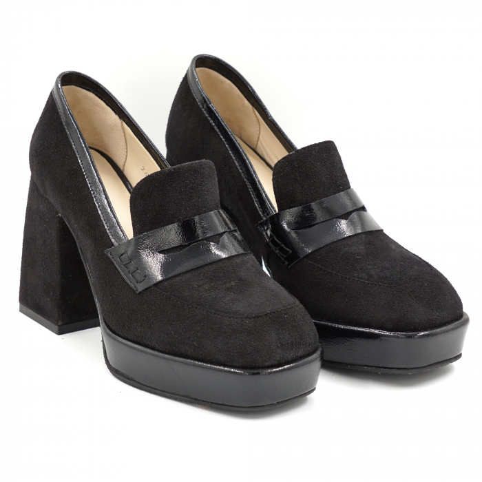 Pantofi dama din piele naturala intoarsa neagra si lacuita neagra cu varf patrat, platforma 2 cm si toc inalt gros imbracat 9 cm 52923-1-24 [5]