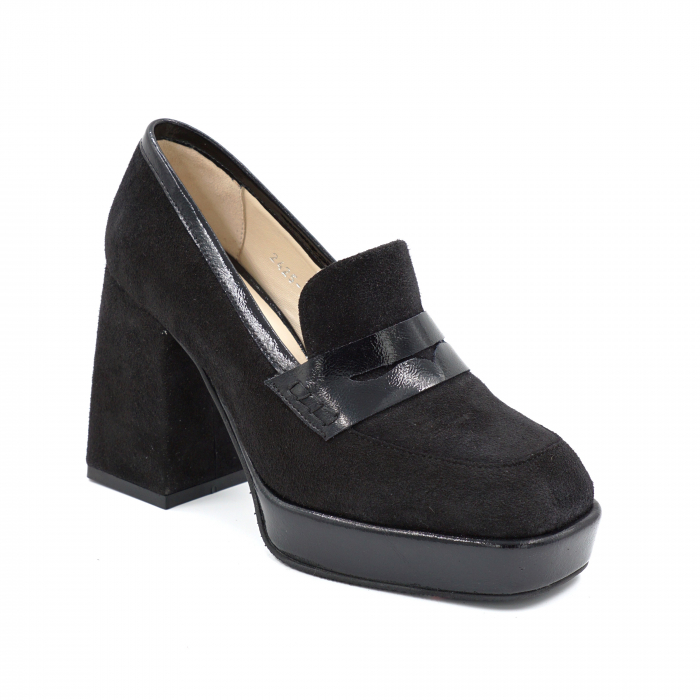 Pantofi dama din piele naturala intoarsa neagra si lacuita neagra cu varf patrat, platforma 2 cm si toc inalt gros imbracat 9 cm 52923-1-24 [2]