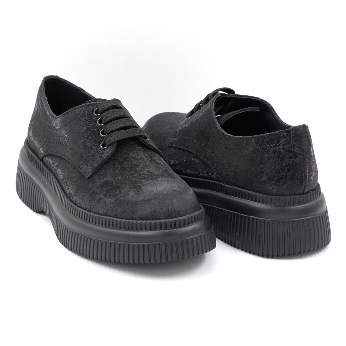 Pantofi dama casual din piele naturala neagra cu imprimeu cu varf rotund si talpa de 4 cm 53017-11-24 [3]