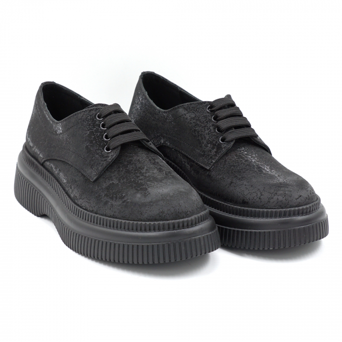 Pantofi dama casual din piele naturala neagra cu imprimeu cu varf rotund si talpa de 4 cm 53017-11-24 [5]