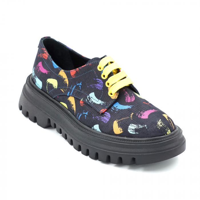 Pantofi dama casual din piele naturala cu imprimeu multicolor cu varf rotund si talpa 4 cm  53017-7-24 [2]
