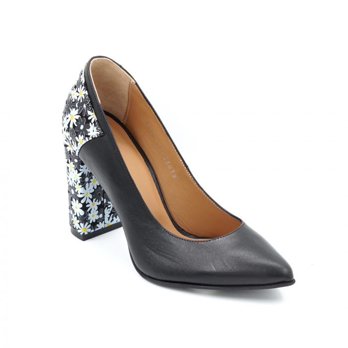 Pantofi dama din piele naturala neagra si cu imprimeu floral cu varf ascutit stileto si tocinalt gros imbracat 9 cm 53018-24 [2]