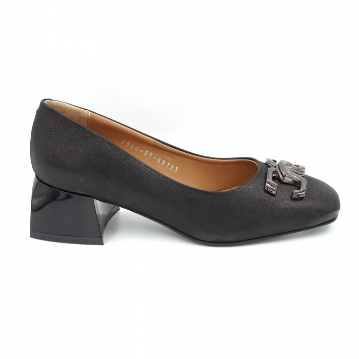 Pantofi dama din piele naturala neagra usor sidefata cu varf patrat si toc mic gros 4 cm 53123-24 [4]