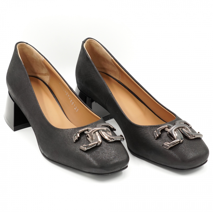 Pantofi dama din piele naturala neagra usor sidefata cu varf patrat si toc mic gros 4 cm 53123-24 [2]