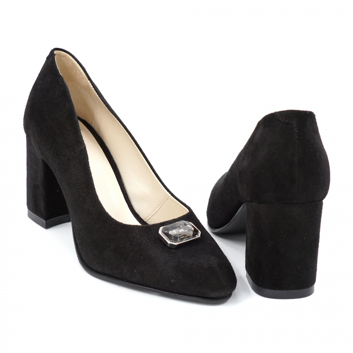 Pantofi dama din piele naturala intoarsa neagra cu varf ascutit si toc mediu gros imbracat 7 cm 53124-24 [2]