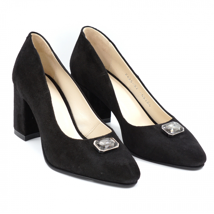 Pantofi dama din piele naturala intoarsa neagra cu varf ascutit si toc mediu gros imbracat 7 cm 53124-24 [3]