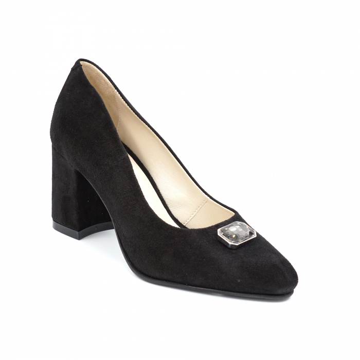 Pantofi dama din piele naturala intoarsa neagra cu varf ascutit si toc mediu gros imbracat 7 cm 53124-24 [4]