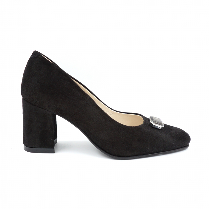 Pantofi dama din piele naturala intoarsa neagra cu varf ascutit si toc mediu gros imbracat 7 cm 53124-24 [5]
