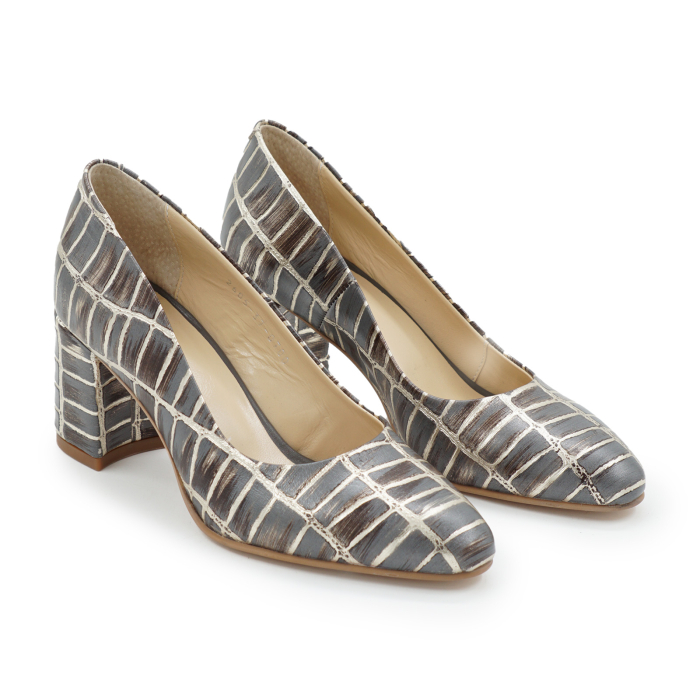 Pantofi dama din piele naturala cu imprimeu, cu varf ascutit si toc mic gros imbracat de 6 cm 0700-3-26 [3]