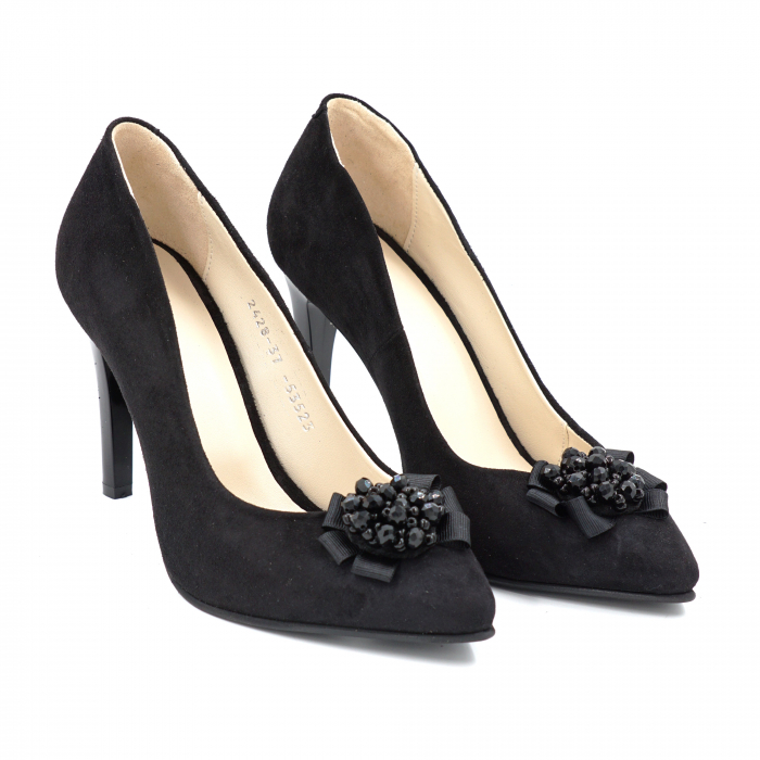 Pantofi dama din piele naturala intoarsa neagra cu varf ascutit stileto si toc inalt subtire 9 cm 53523-1-24 [2]