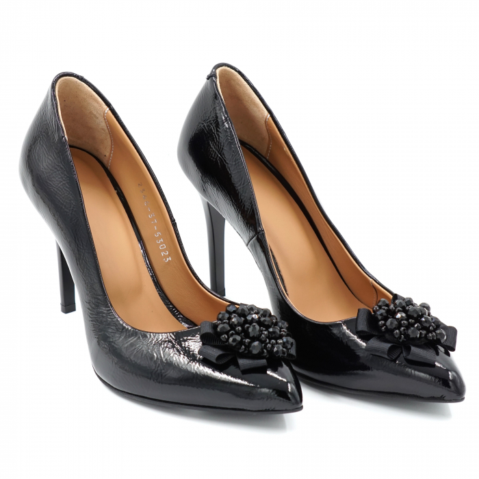 Pantofi dama din piele naturala lacuita neagra cu varf ascutit stileto si toc inalt subtire 9 cm 53523-24 [2]
