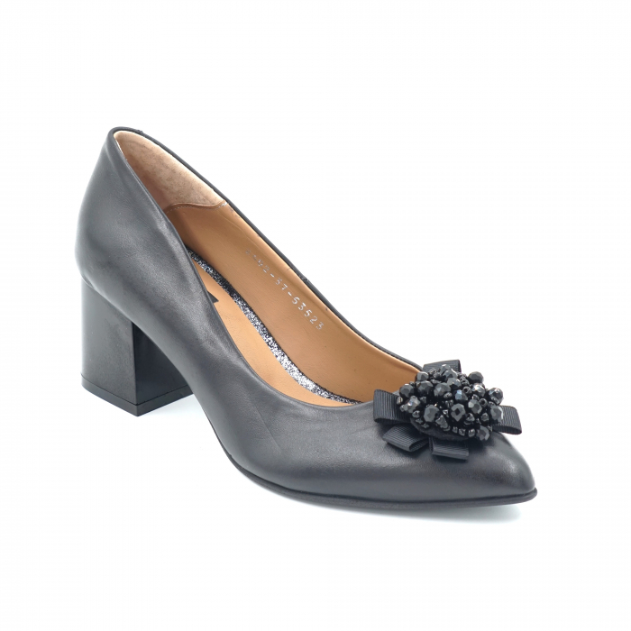 Pantofi dama din piele naturala neagra cu varf ascutit stileto si toc mic gros 6 cm 53523-4-24 [2]