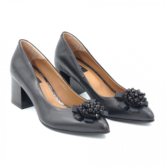 Pantofi dama din piele naturala neagra cu varf ascutit stileto si toc mic gros 6 cm 53523-4-24 [4]
