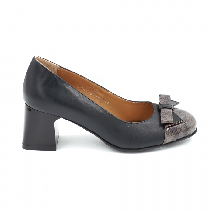 Pantofi dama din piele naturala neagra si lacuita croco maro degrade cu varf rotund si toc mic gros 6 cm 53617-1-24 [3]