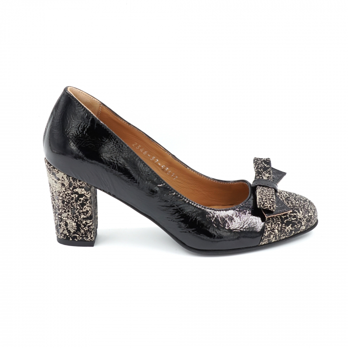 Pantofi dama din piele naturala lacuita neagra si cu imprimeu cu varf rotund si toc mediu gros imbracat 7 cm 53617-2-24 [3]