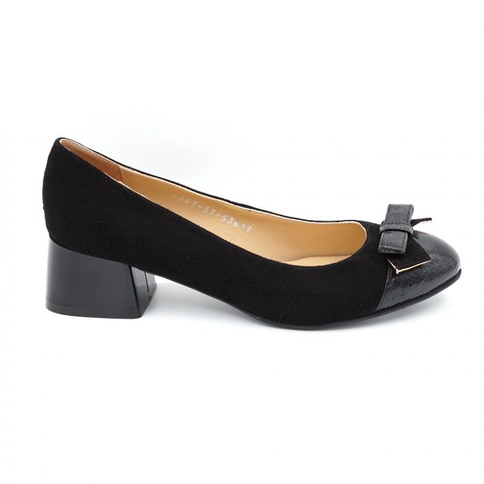Pantofi dama din piele naturala intoarsa si lacuita neagra cu varf rotund si toc mic gros 4 cm 53617-24 [3]