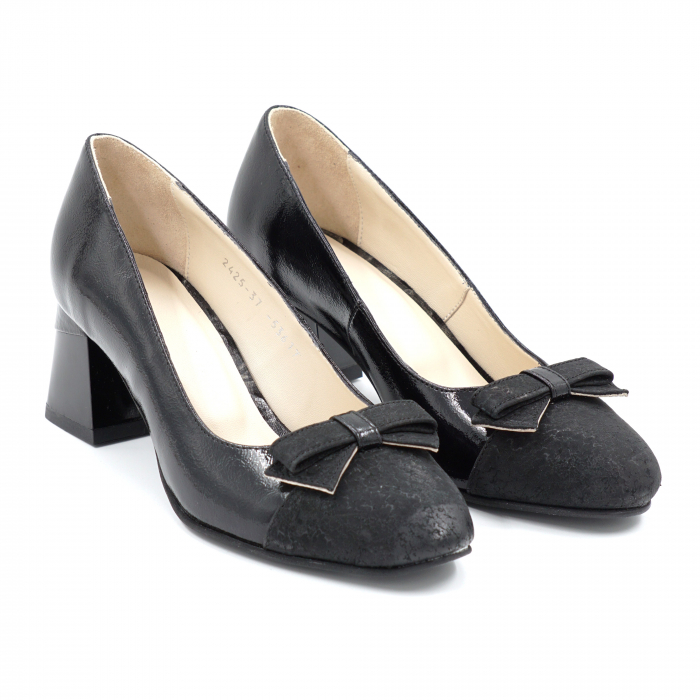 Pantofi dama din piele naturala lacuita neagra si cu imprimeu negru cu varf rotund si toc mic gros 6 cm 53617-3-24 [4]