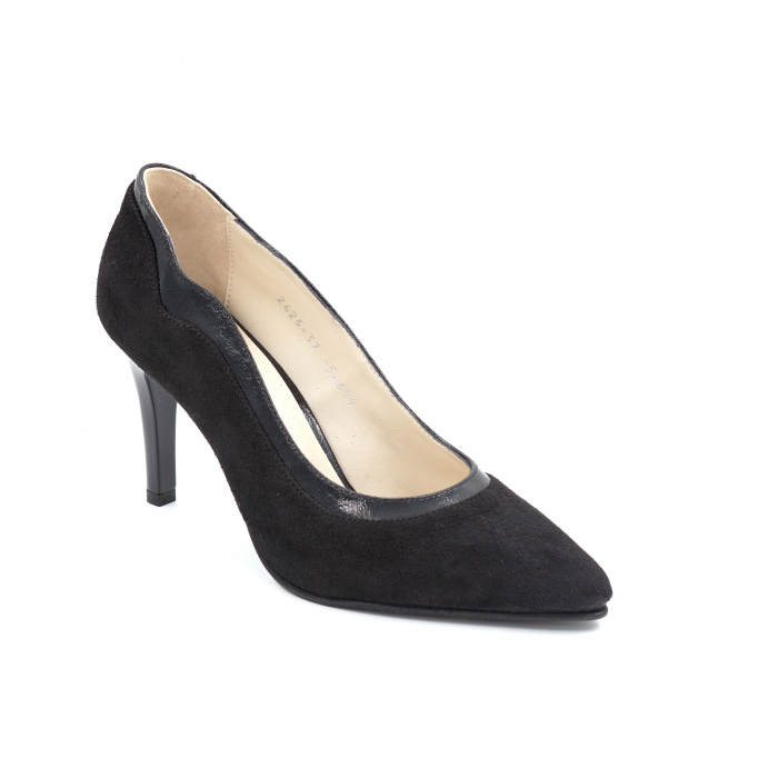 Pantofi dama din piele naturala intoarsa si lacuita neagra cu varf ascutit stileto si toc mediu subtire 8 cm 54619-1-24 [2]
