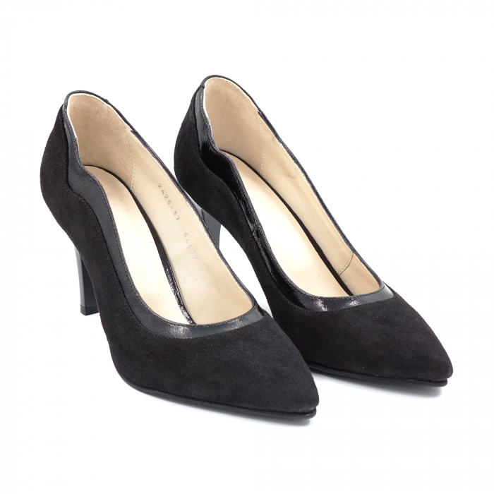 Pantofi dama din piele naturala intoarsa si lacuita neagra cu varf ascutit stileto si toc mediu subtire 8 cm 54619-1-24 [4]