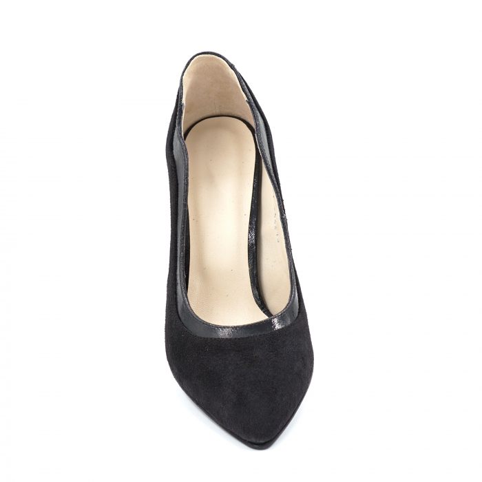 Pantofi dama din piele naturala intoarsa si lacuita neagra cu varf ascutit stileto si toc mediu subtire 8 cm 54619-1-24 [5]