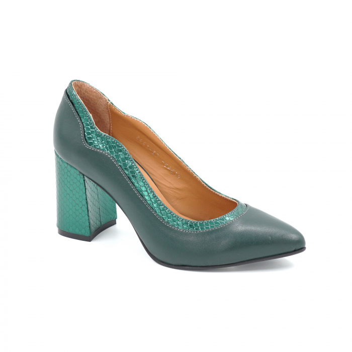 Pantofi dama din piele naturala verde menta si cu imprimeu croco verde metalizat cu varf ascutit stileto si toc mediu gros imbracat 8 cm 54619-25 [2]
