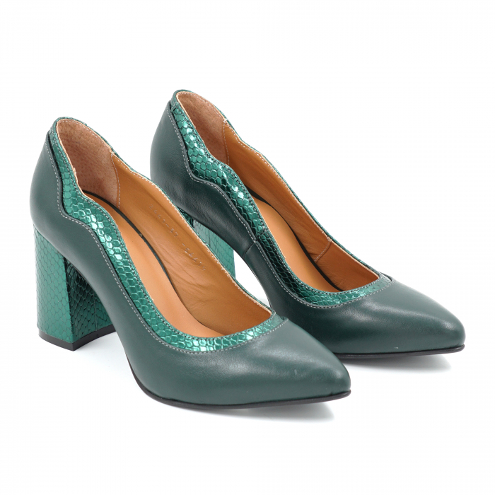 Pantofi dama din piele naturala verde menta si cu imprimeu croco verde metalizat cu varf ascutit stileto si toc mediu gros imbracat 8 cm 54619-25 [3]