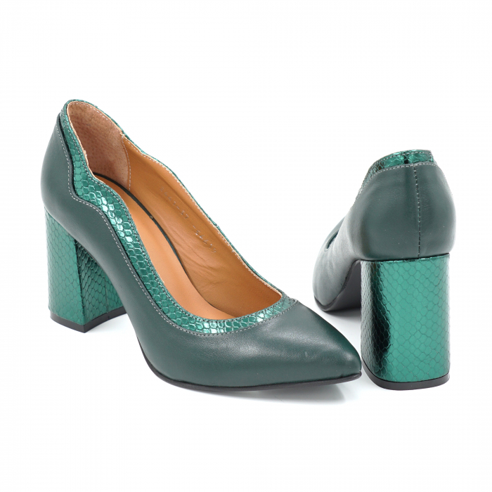 Pantofi dama din piele naturala verde menta si cu imprimeu croco verde metalizat cu varf ascutit stileto si toc mediu gros imbracat 8 cm 54619-25 [5]