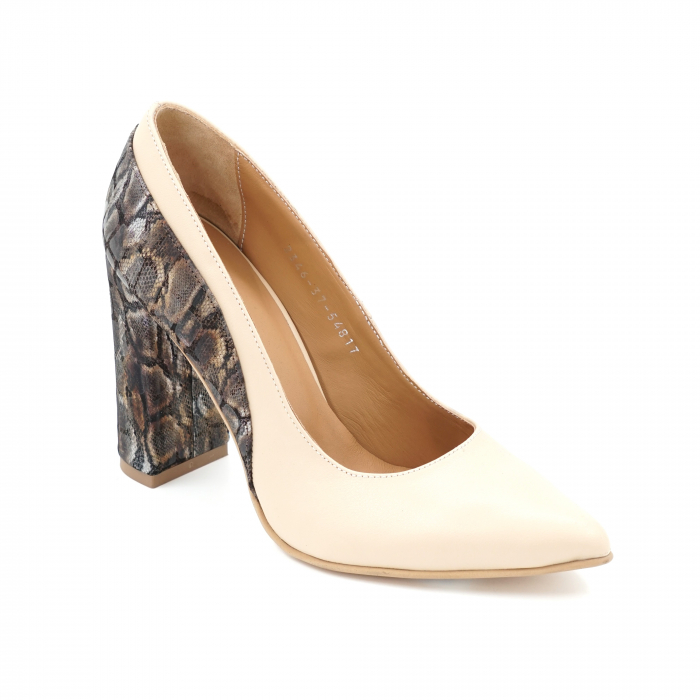 Pantofi dama din piele naturala nude bej si cu imprimeu animal print cu varf ascutit stileto si toc inalt gros imbracat 9 cm 54817-1-24 [2]