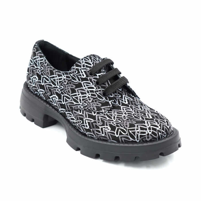 Pantofi dama casual din piele naturala cu imprimeu gri cu alb cu varf rotund si talpa 4 cm 55320-2-24 [2]