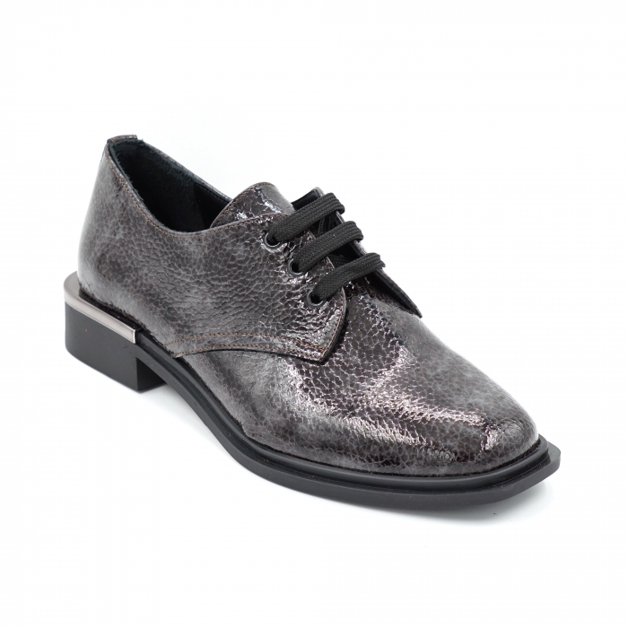 Pantofi dama casual din piele naturala lacuita croco gri marmorat cu varf rotund si talpa joasa 2 cm 55320-5-24 [2]