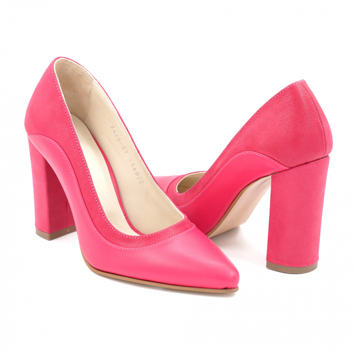 Pantofi dama din piele naturala fucsia cu varf ascutit stileto si toc inalt gros imbracat 9 cm 56020-1-24 [4]