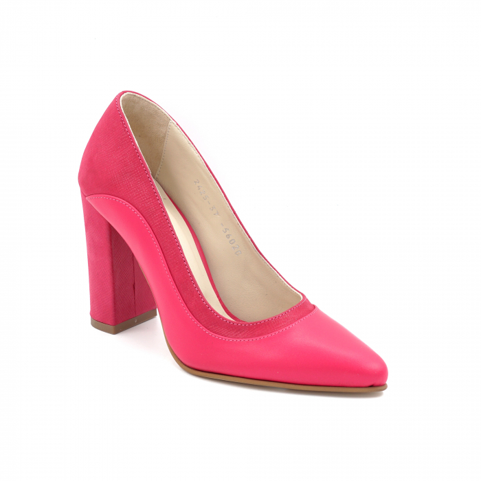 Pantofi dama din piele naturala fucsia cu varf ascutit stileto si toc inalt gros imbracat 9 cm 56020-1-24 [2]