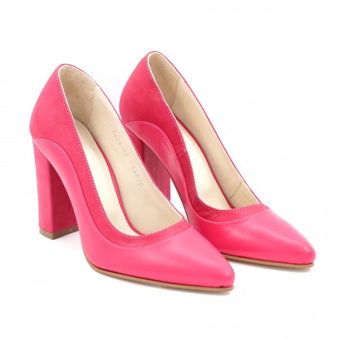 Pantofi dama din piele naturala fucsia cu varf ascutit stileto si toc inalt gros imbracat 9 cm 56020-1-24 [3]