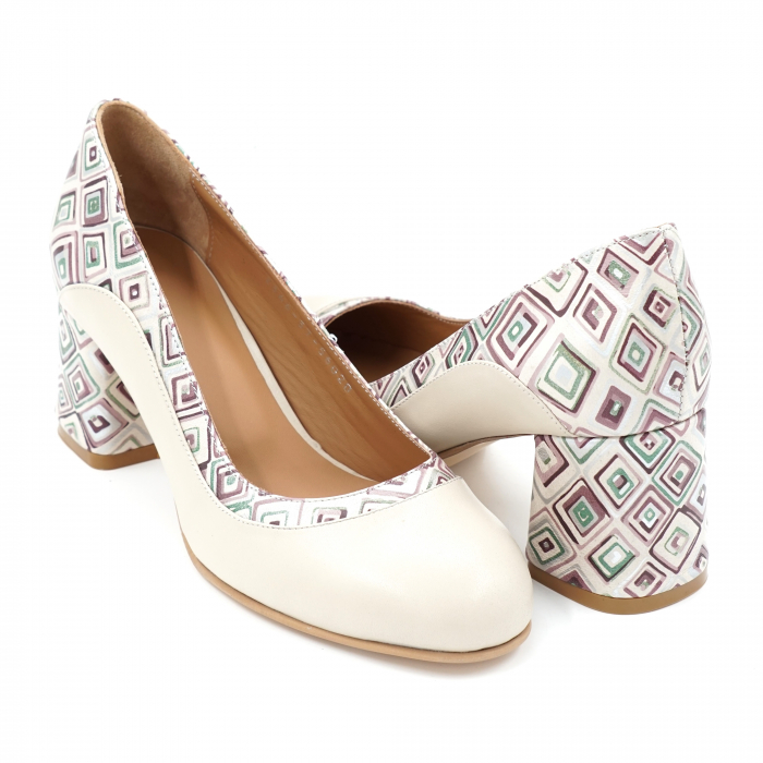 Pantofi dama din piele naturala nude bej si cu imprimeu forme geometrice cu varf rotund si toc mic gros imbracat 6 cm 56020-24 [4]