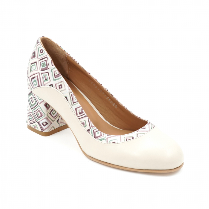 Pantofi dama din piele naturala nude bej si cu imprimeu forme geometrice cu varf rotund si toc mic gros imbracat 6 cm 56020-24 [2]