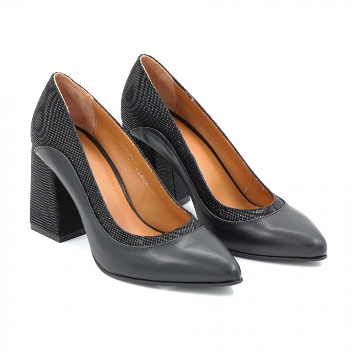 Pantofi dama din piele naturala neagra si cu imprimeu 3D cu varf ascutit stileto si toc mediu gros imbracat 8 cm 56020-25 [3]