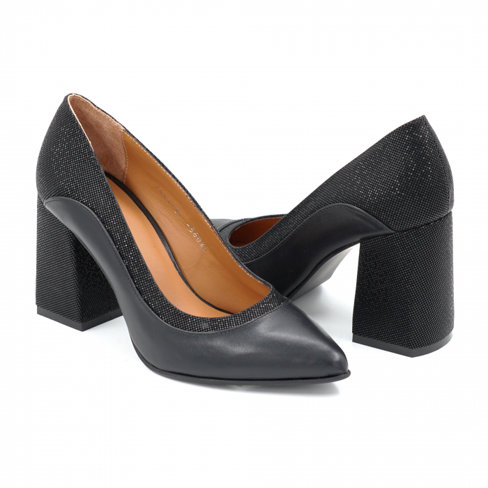 Pantofi dama din piele naturala neagra si cu imprimeu 3D cu varf ascutit stileto si toc mediu gros imbracat 8 cm 56020-25 [4]