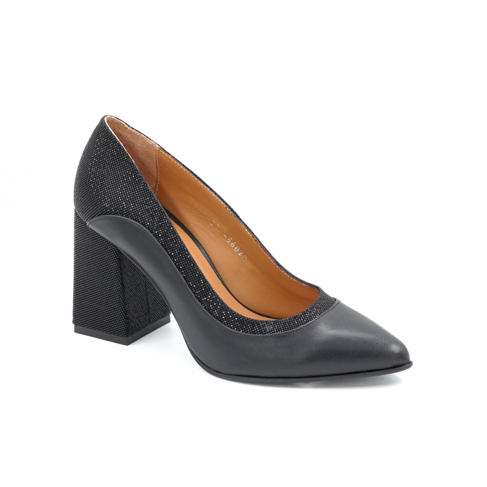 Pantofi dama din piele naturala neagra si cu imprimeu 3D cu varf ascutit stileto si toc mediu gros imbracat 8 cm 56020-25 [2]