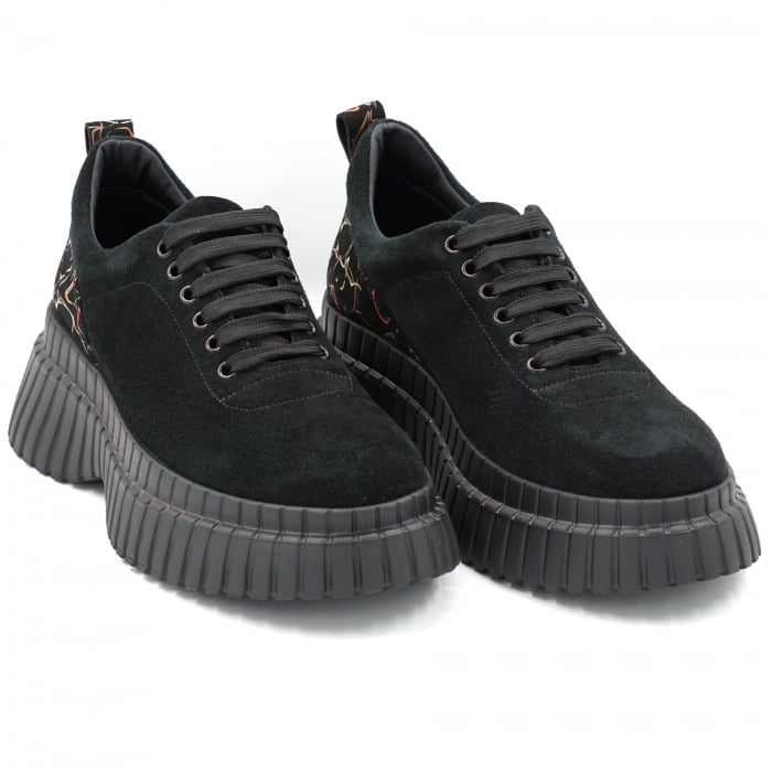 Pantofi dama casual din piele naturala intoarsa neagra si cu imprimeu cu varf rotund si talpa inalta 6 cm  56620-24 [3]