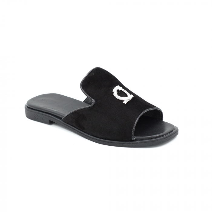 Papuci dama din piele naturala intoarsa neagra cu varf rotund si talpa 1 cm 11920-25 [3]