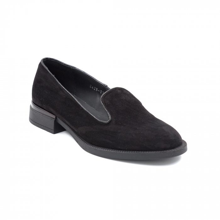 Pantofi dama casual loafers din piele naturala intoarsa neagra cu varf rotund si talpa joasa 2 cm 57617-24 [2]